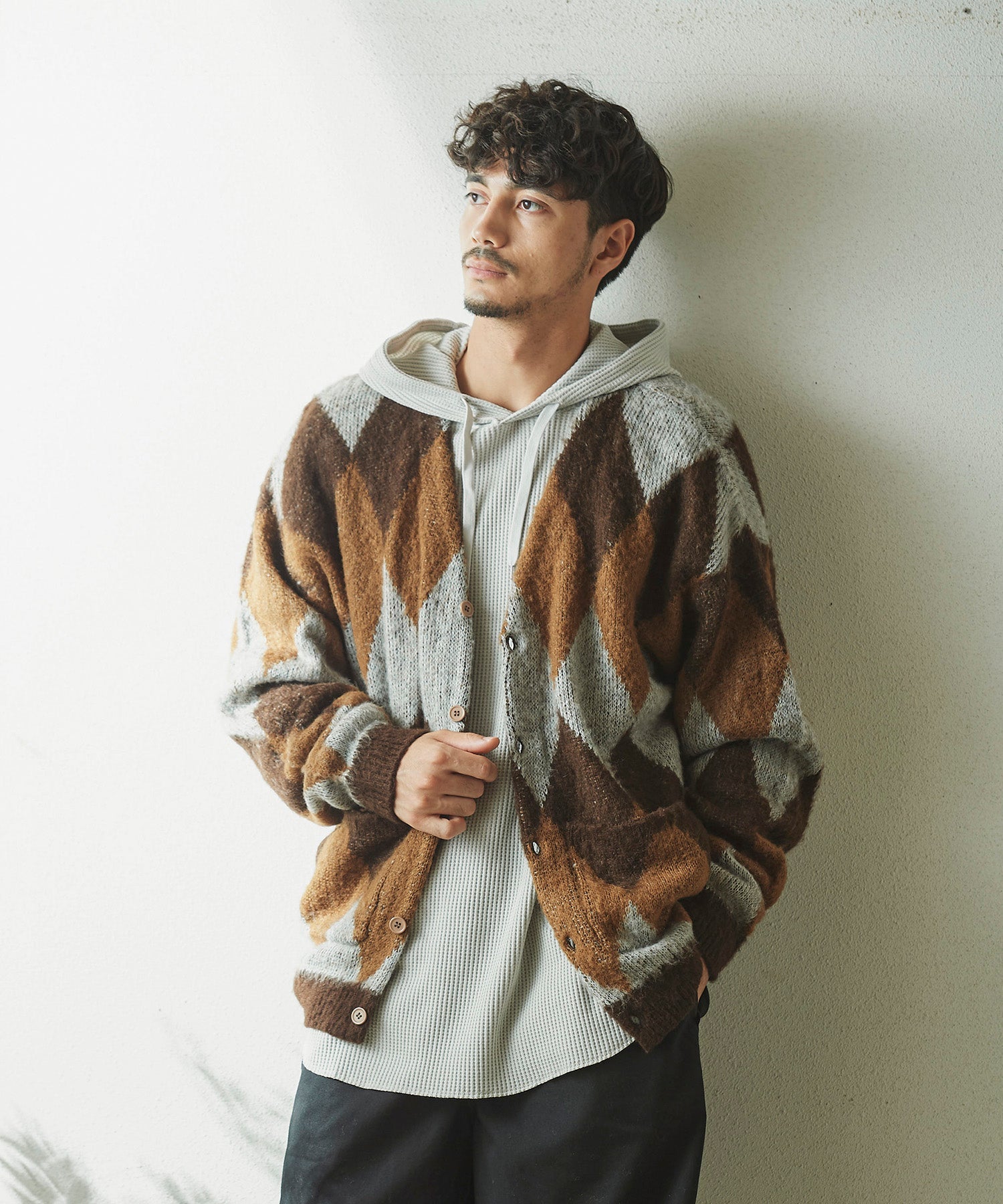 おしゃれ おすすめ ワークウェア ブランド ダイヤ柄 シャギー ニット カーディガン