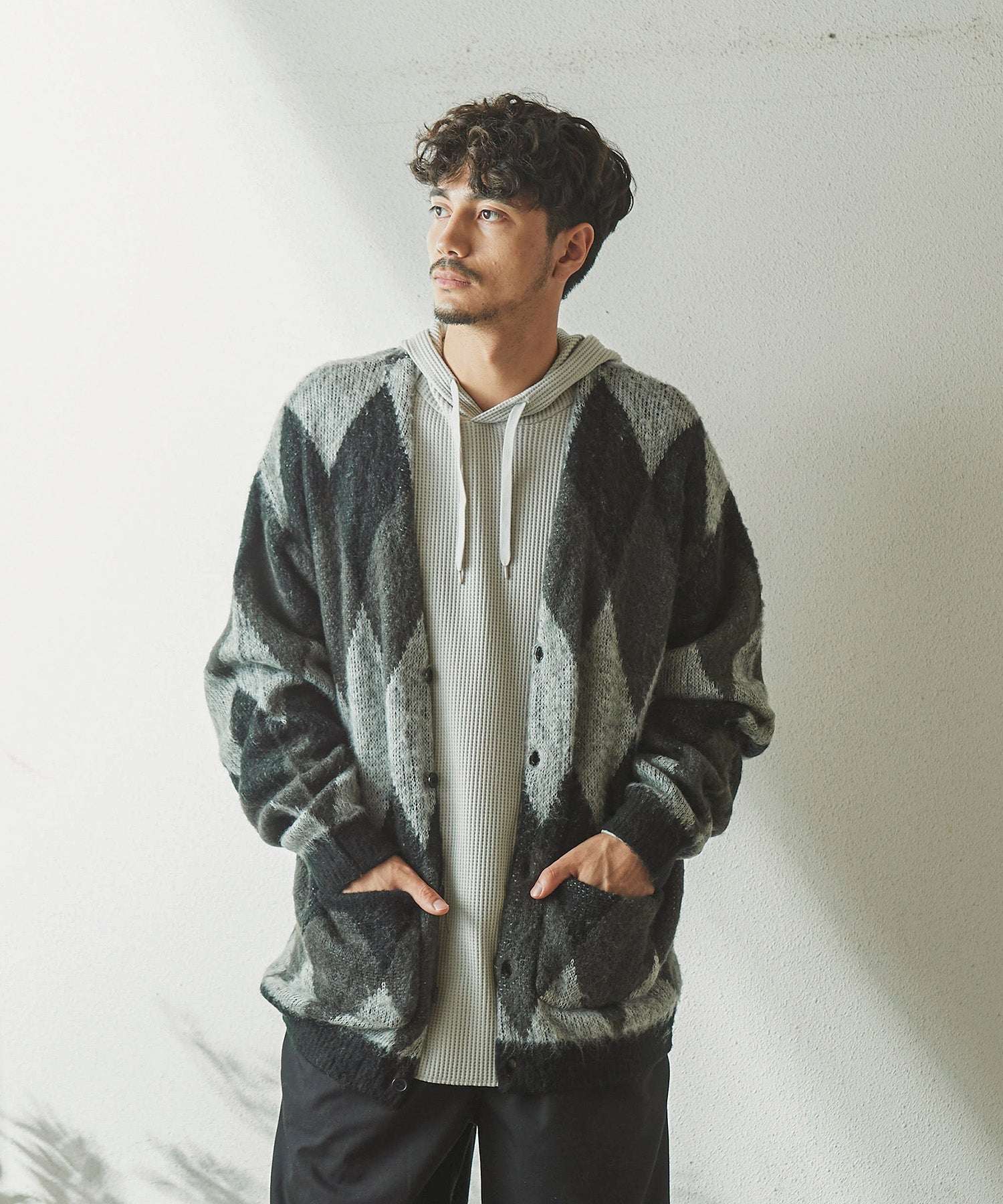 おしゃれ おすすめ ワークウェア ブランド ダイヤ柄 シャギー ニット カーディガン