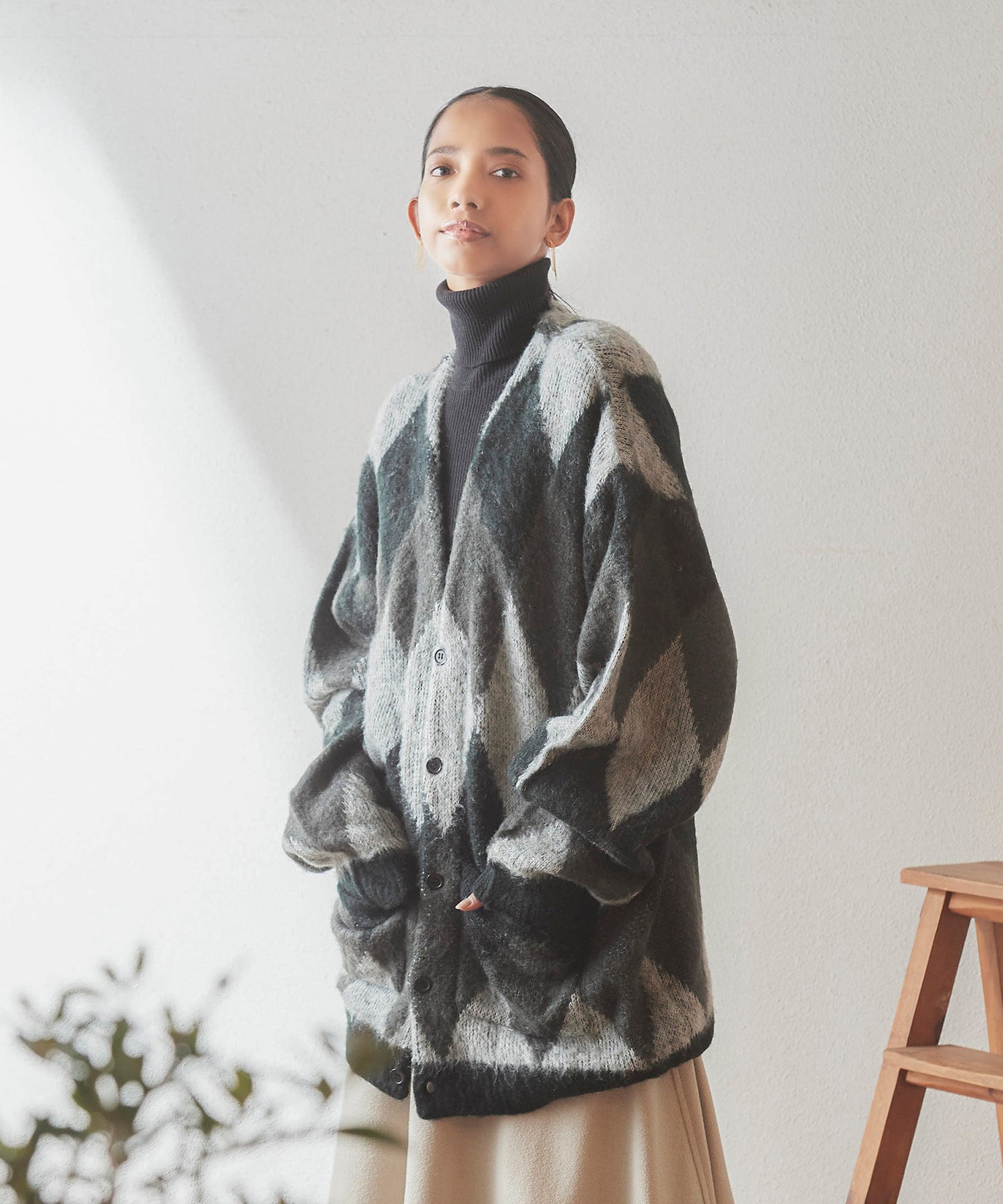 おしゃれ おすすめ ワークウェア ブランド ダイヤ柄 シャギー ニット カーディガン