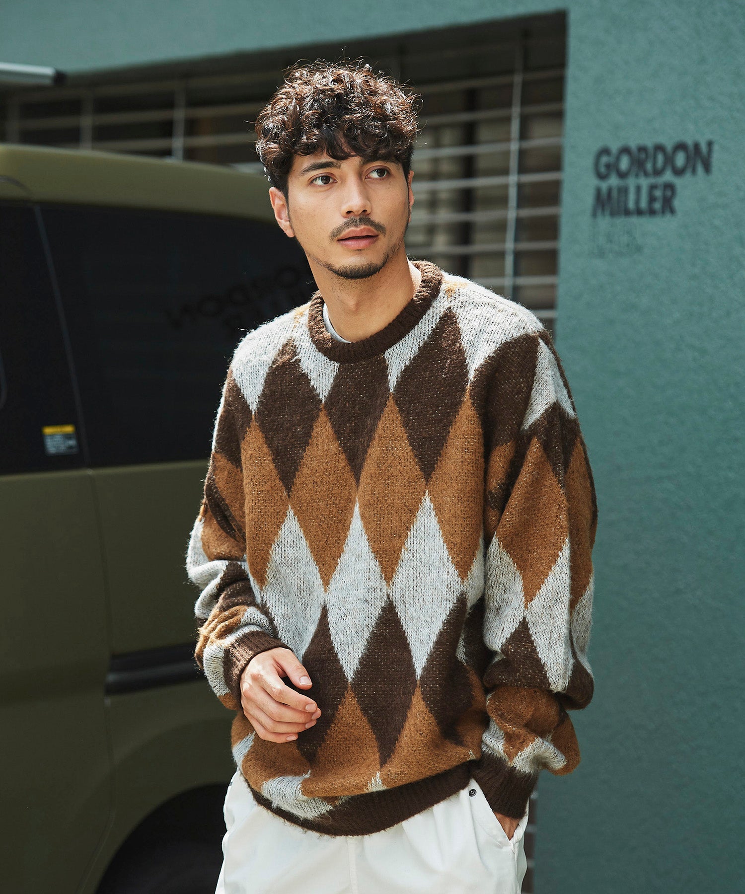 おしゃれ おすすめ ワークウェア ブランド ダイヤ柄 シャギー ニット クルー