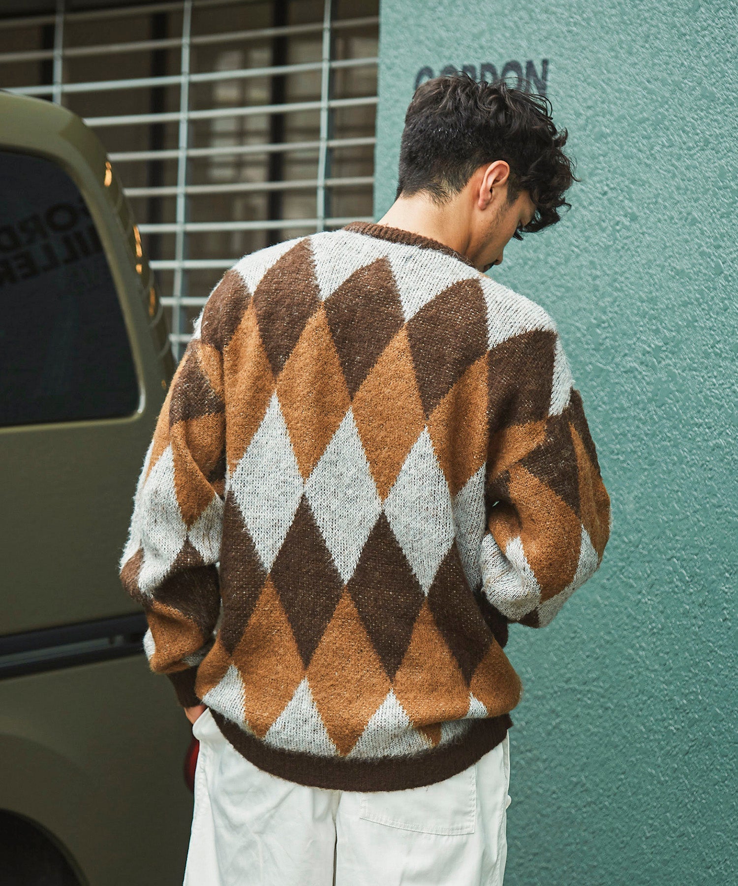 おしゃれ おすすめ ワークウェア ブランド ダイヤ柄 シャギー ニット クルー