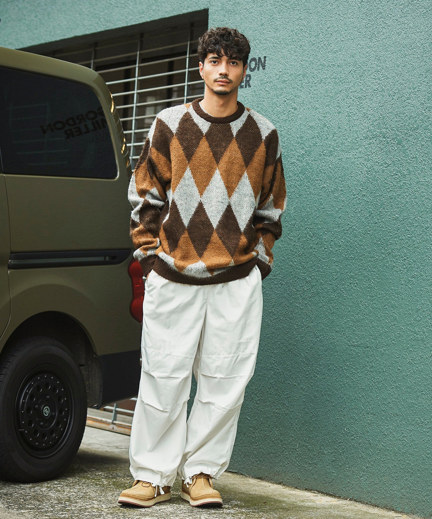 おしゃれ おすすめ ワークウェア ブランド ダイヤ柄 シャギー ニット クルー