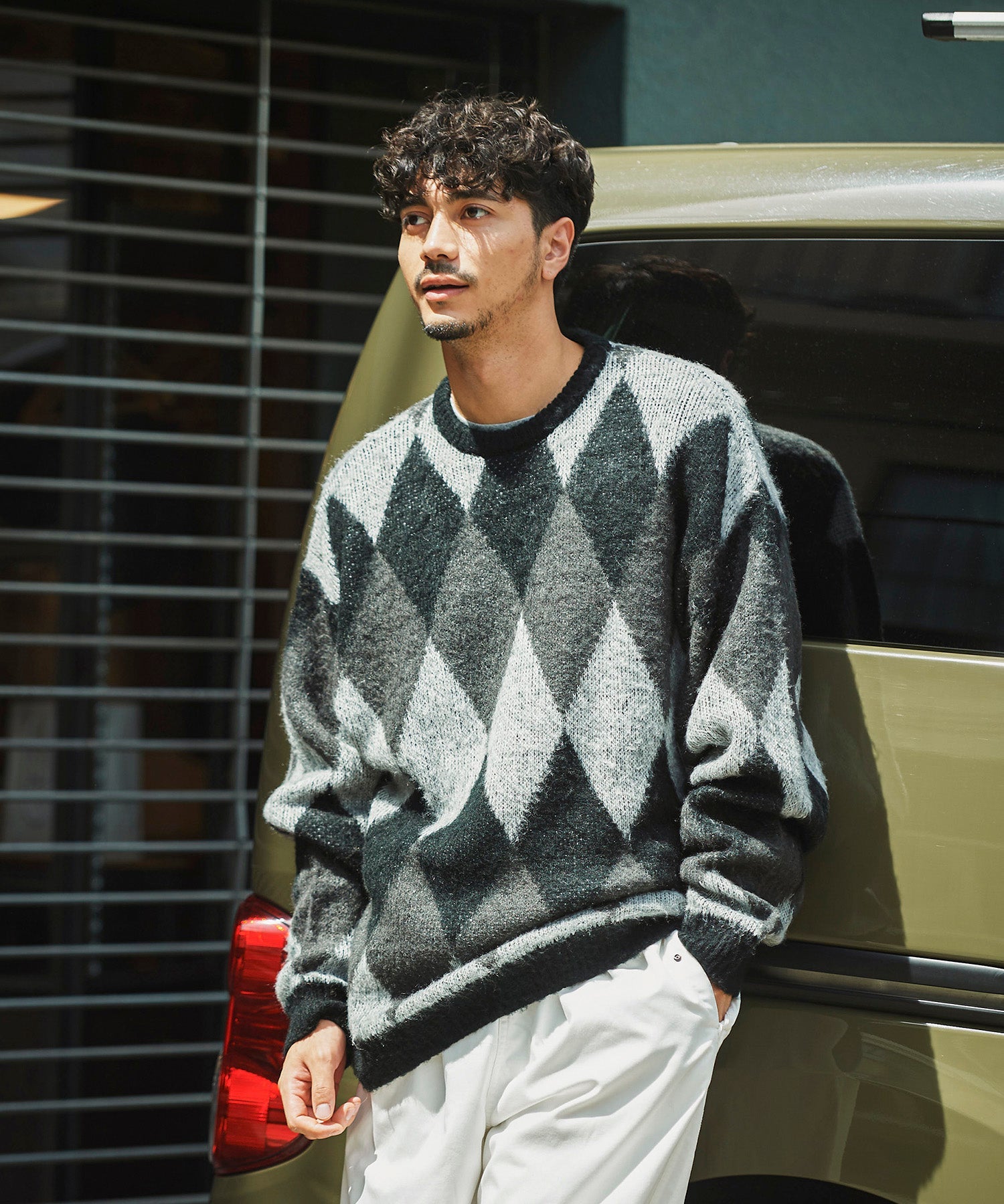 おしゃれ おすすめ ワークウェア ブランド ダイヤ柄 シャギー ニット クルー