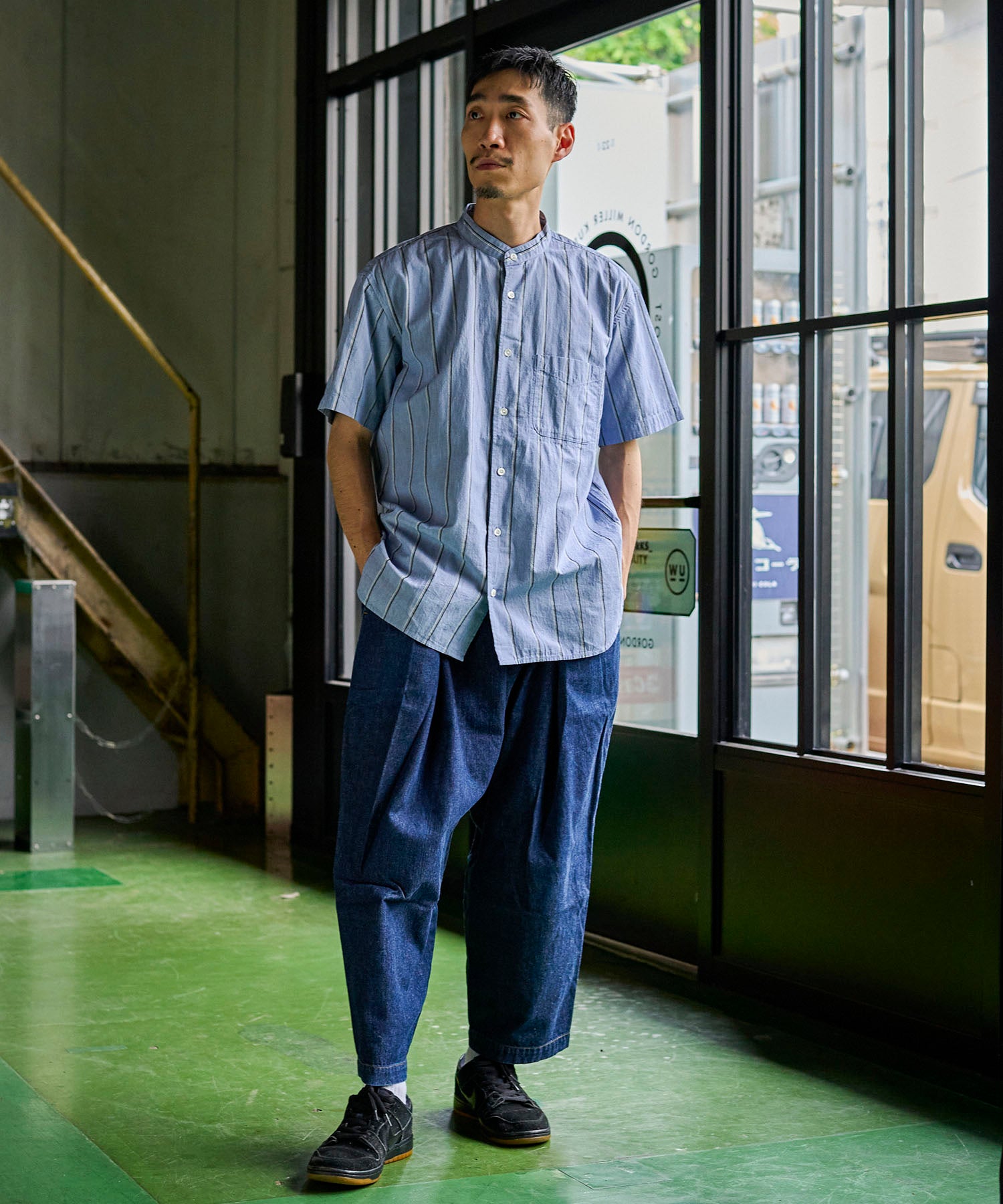 ストライプ ルーズ フィット バンドカラー 半袖シャツ – GORDON MILLER