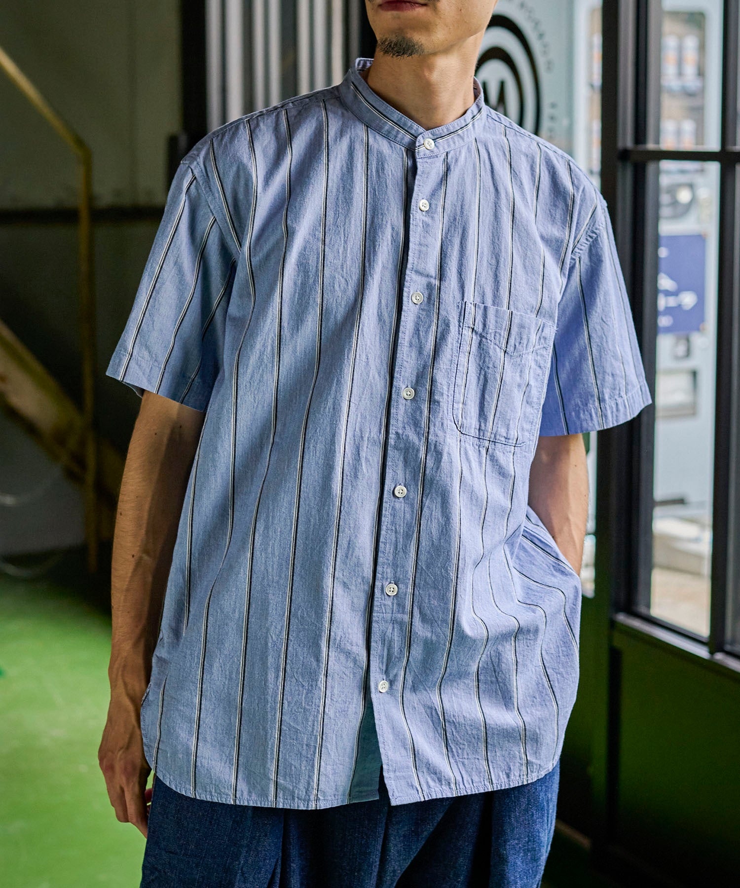ストライプ ルーズ フィット バンドカラー 半袖シャツ – GORDON MILLER