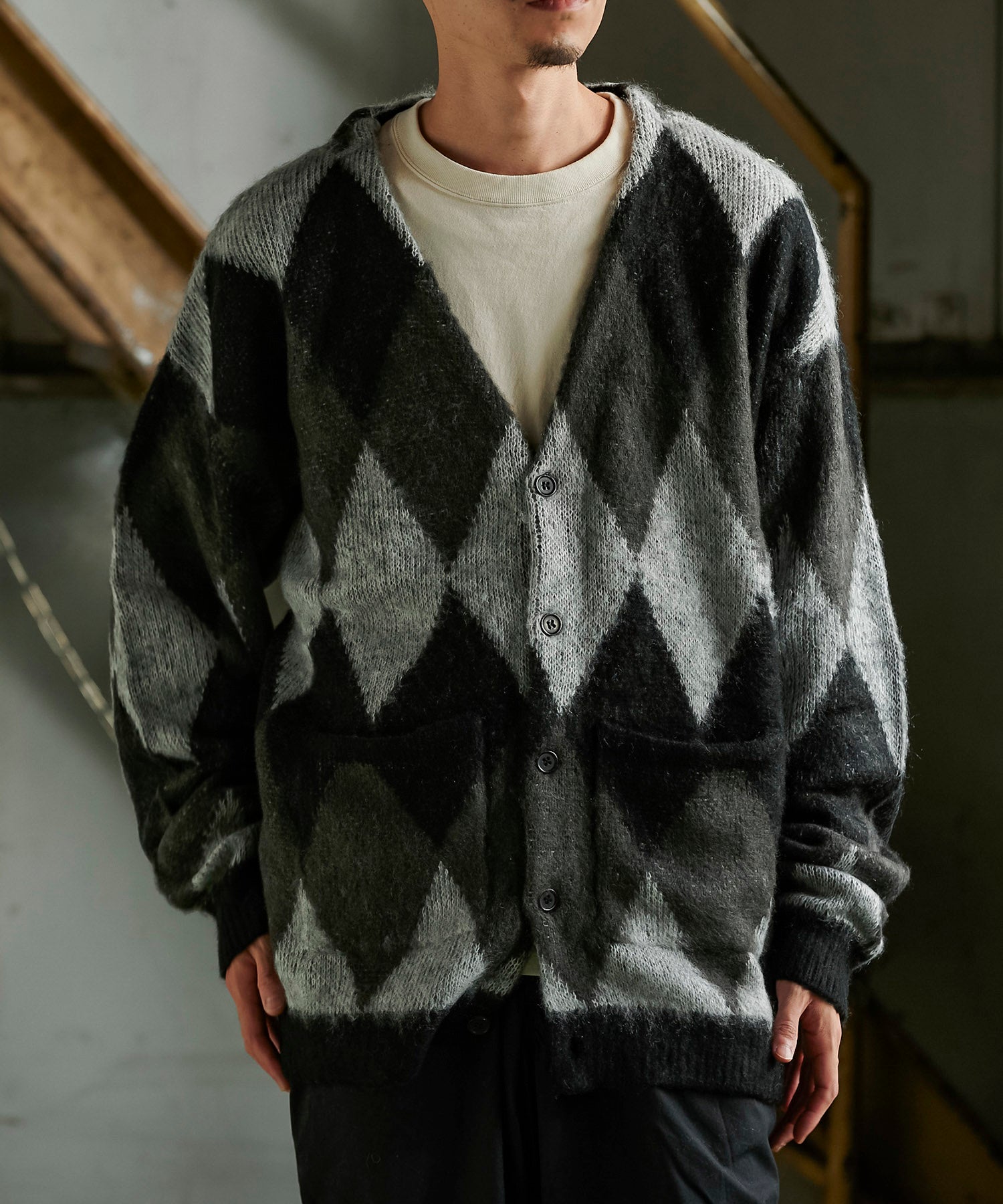 ダイヤ柄 シャギーニット カーディガン