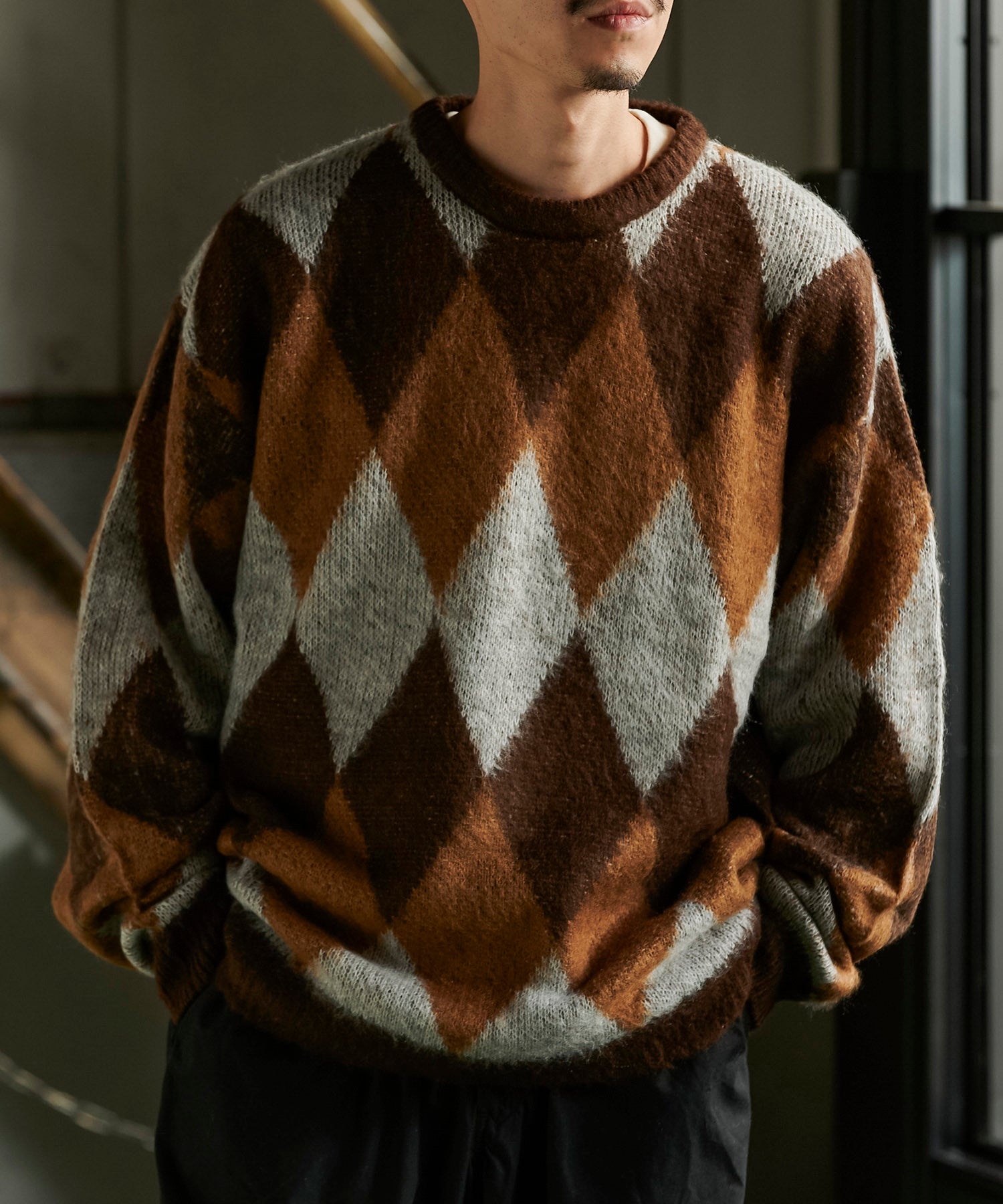 ダイヤ柄 シャギーニット クルー