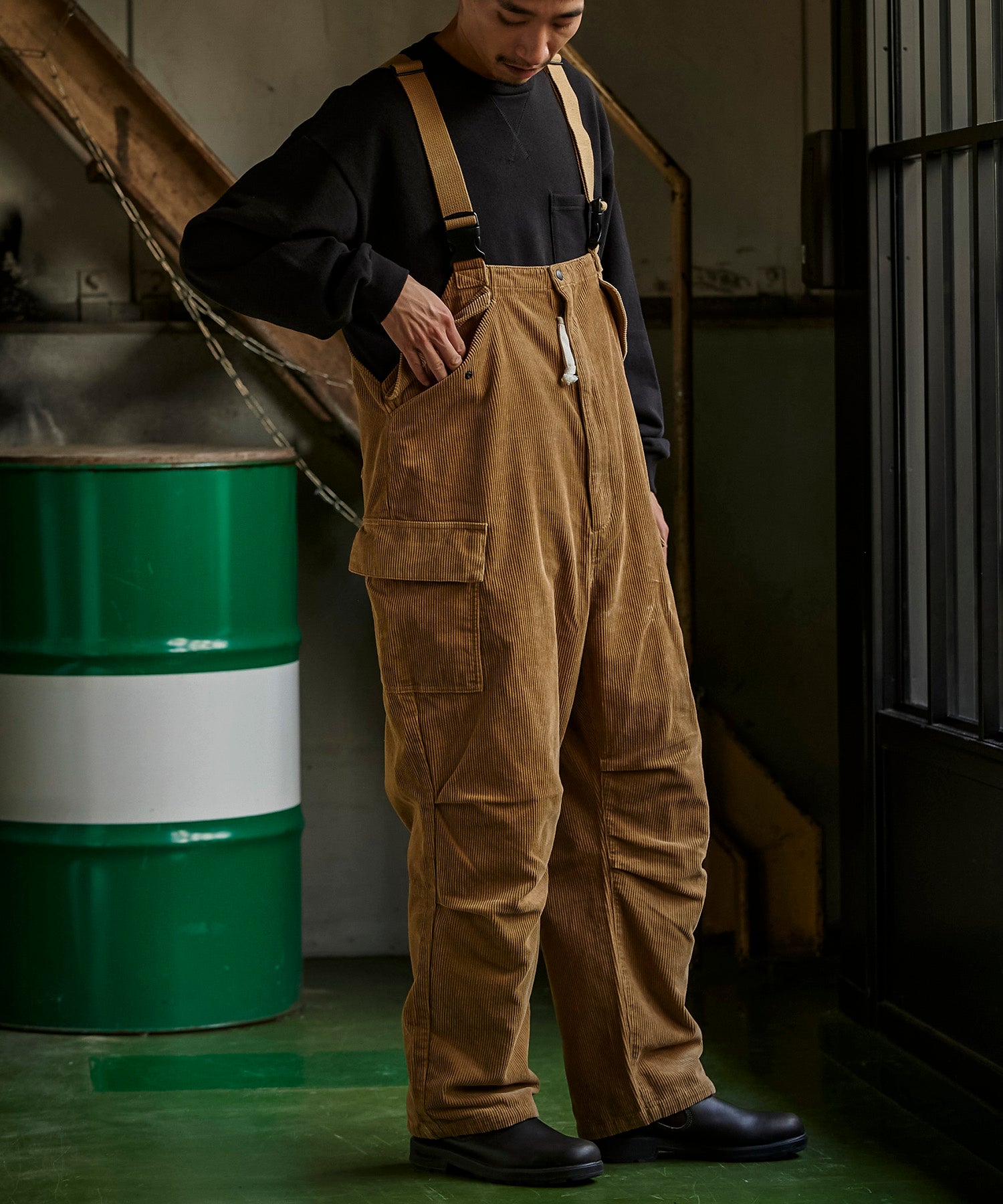 glamb グラム Jordi コーデュロイ サルエルオーバーオール 3 カーキ